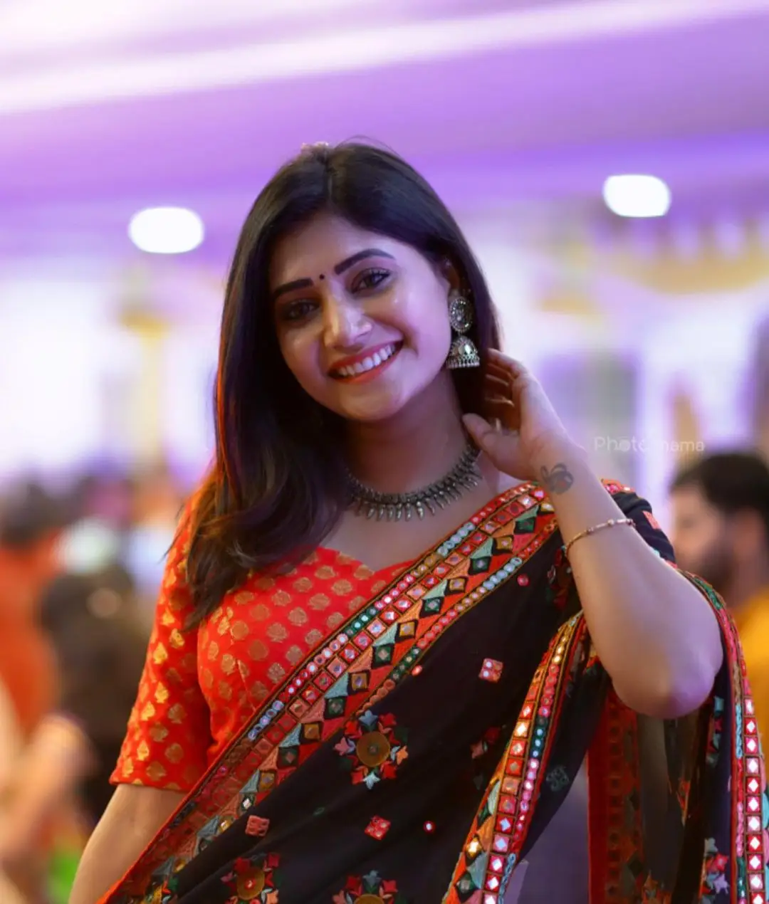 Vasanthi Krishnan Wearing Blue Saree Orange Blouse